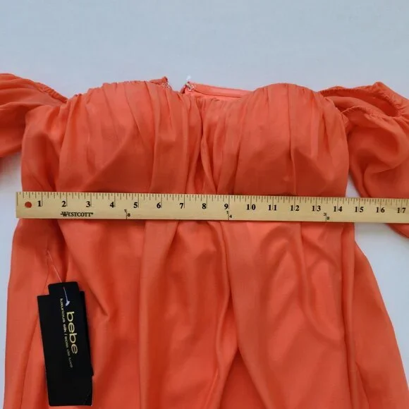 New Bebe Off Shoulder Silk Chiffon Dress Coral Orange Summer Party Taylor Swift - Picture 9 of 10
